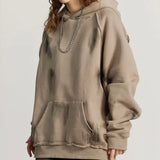 Essential Washed Khaki Ripped raglan fleece hoodie.